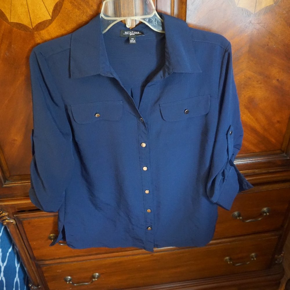 Notations Navy Blue Button Down Shirt With Pockets